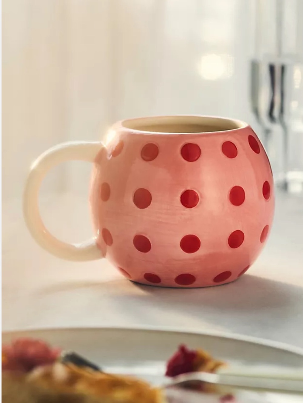 Anthropologie Pickleball Coral Pink Mug with Red Polka Dots